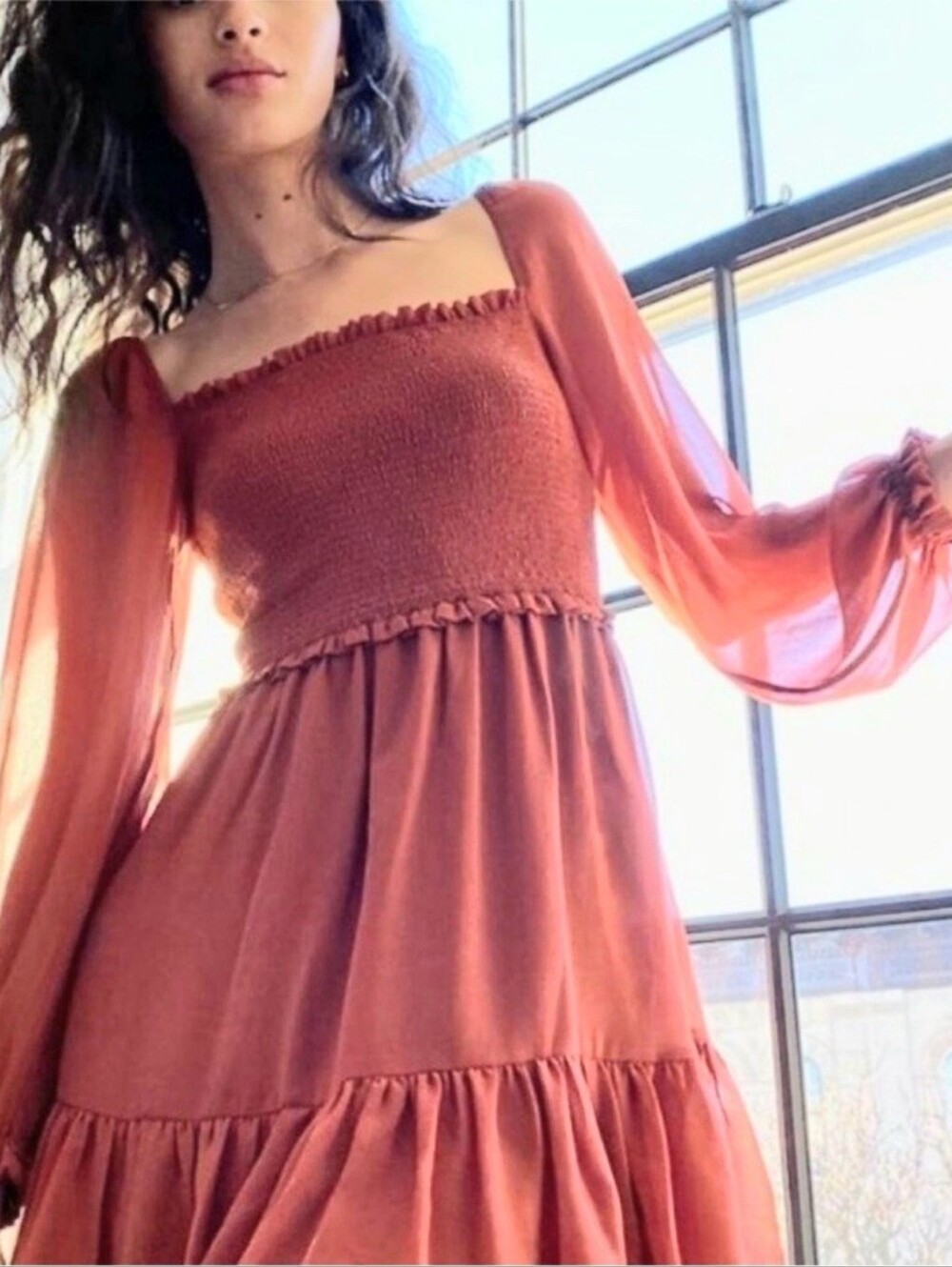 Wilfred Aritzia Tempest Mini Dress Sz Small Dusty Clay Chiffon Cottagecore Tiers